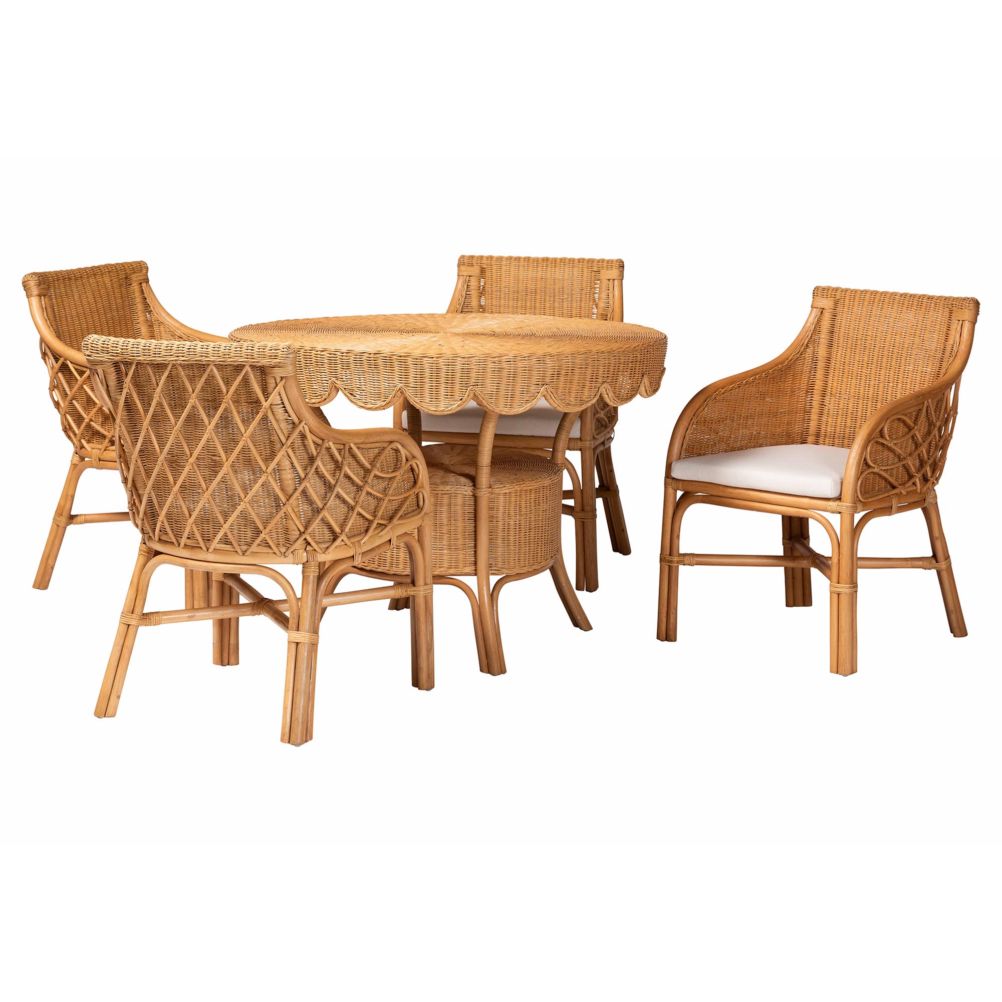 bali & pari Tudor 5-Piece Rattan Dining Set - Round Wicker Table with Scallop Edge and 4 Armchairs, Handwoven Boho Coastal Style for Dining, Kitchen or Sun Room, Light Honey